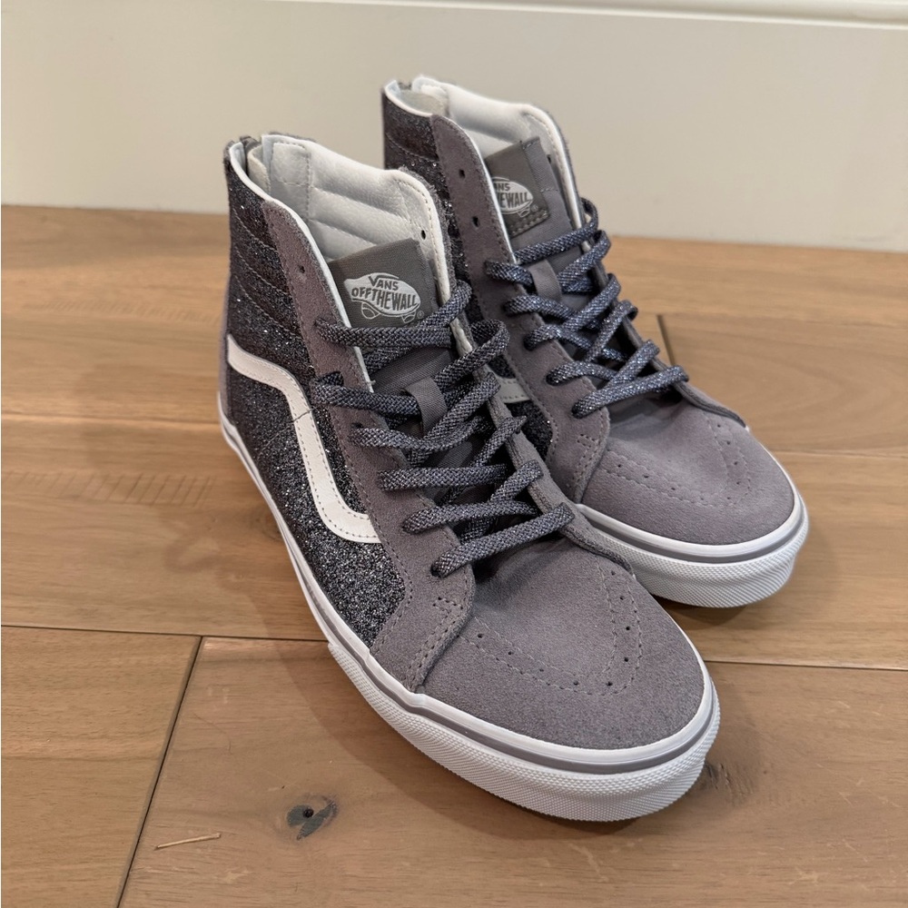 New Vans Charcoal and White Glitter High-Top Sneakers with Zip Back